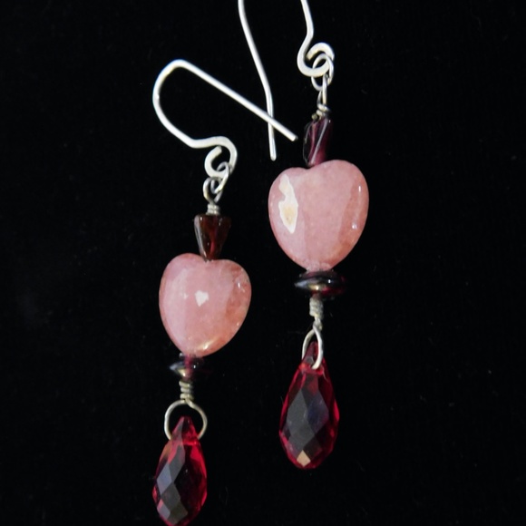 Rhodochrosite Hearts Garnet Gemstone Swarovski® Crystal Earrings by Konnie K - Picture 4 of 8